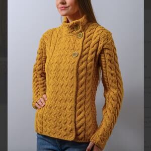 Aran Crafts Wool Trellis Cable Cardigan Mustard Yellow XS